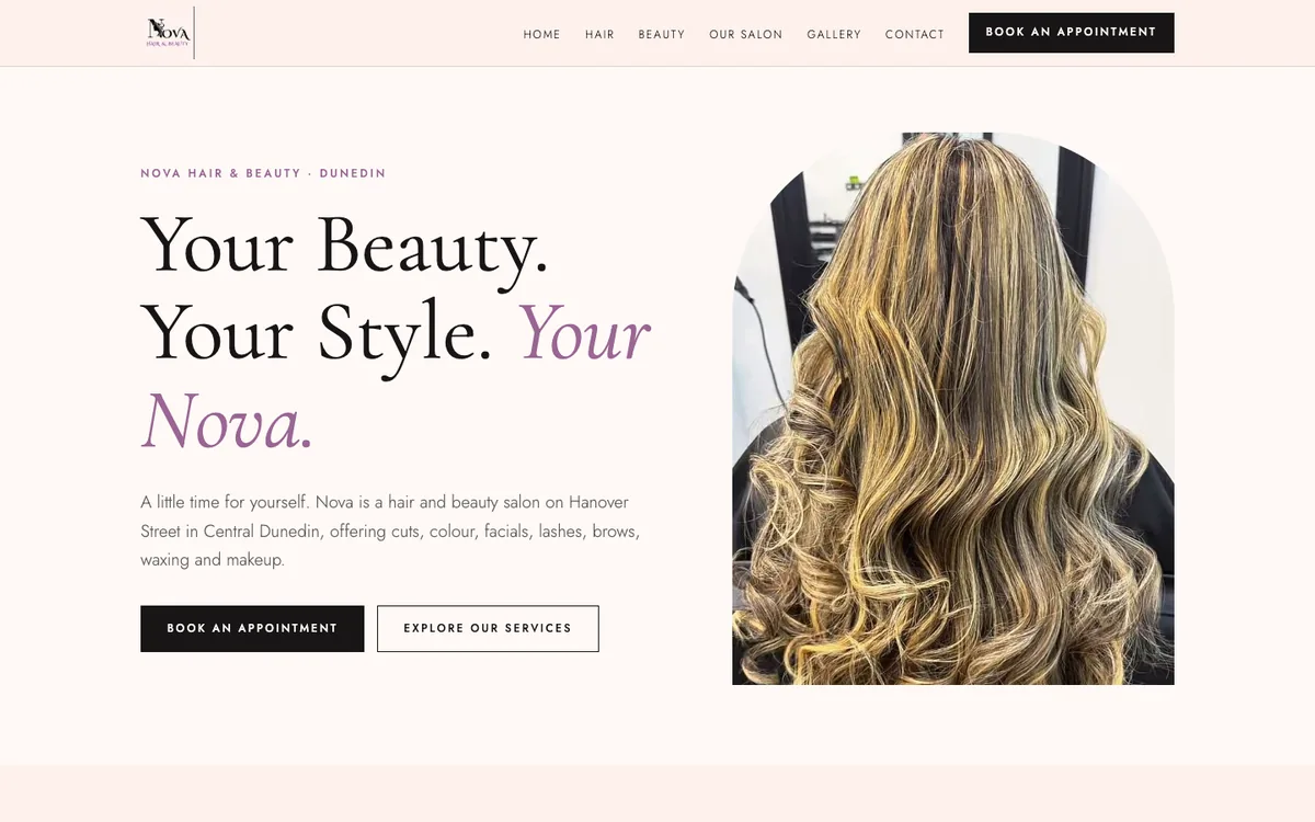 Nova Hair & Beauty website homepage